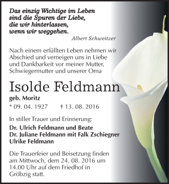 Traueranzeige von Isolde Feldmann von Mitteldeutsche Zeitung Köthen