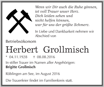 Traueranzeige von Herbert Grollmisch von Wochenspiegel Mansfelder Land