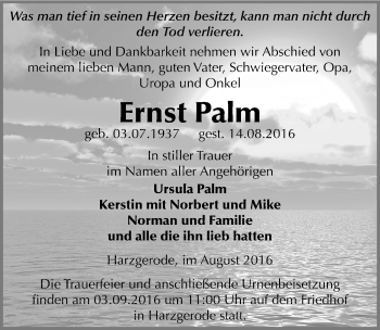 Traueranzeige von Ernst Palm von Mitteldeutsche Zeitung Quedlinburg