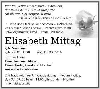 Traueranzeige von Elisabeth Mittag von WVG - Wochenspiegel Merseburg