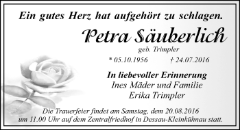 Traueranzeige von Petra Säuberlich von Mitteldeutsche Zeitung Dessau-Roßlau
