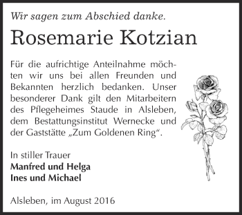 Traueranzeige von Rosemarie Kotzian von Super Sonntag Bernburg