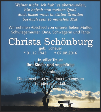 Traueranzeige von Christa Schönburg von WVG - Wochenspiegel NMB / WSF / ZTZ
