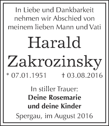Traueranzeige von Harald Zakrozinsky von WVG - Wochenspiegel Merseburg