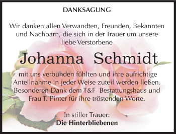 Traueranzeige von Johanna Schmidt von Mitteldeutsche Zeitung Weißenfels