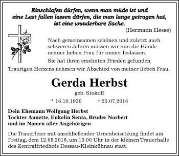 Traueranzeige von Gerda Herbst von Mitteldeutsche Zeitung Dessau-Roßlau