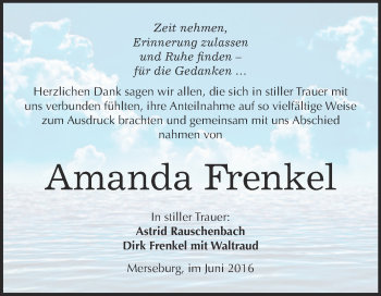 Traueranzeige von Amanda Frenkel von Super Sonntag Merseburg