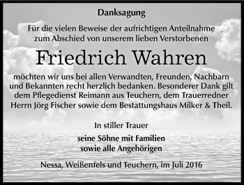 Traueranzeige von Friedrich Wahren von Mitteldeutsche Zeitung Weißenfels