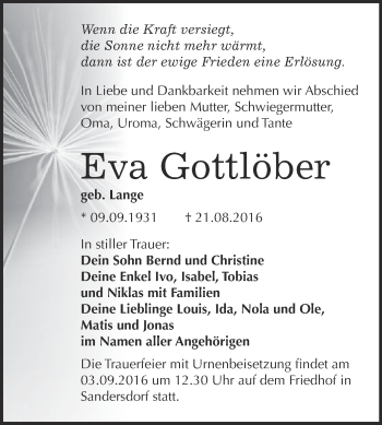 Traueranzeige von Eva Gottlöber von WVG - Wochenspiegel Bitterfeld