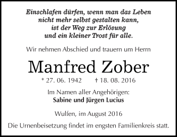Traueranzeige von Manfred Zober von WVG - Wochenspiegel Dessau / Köthen