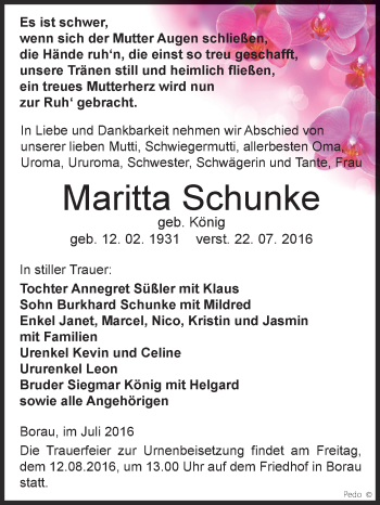 Traueranzeige von Maritta Schunke von WVG - Wochenspiegel NMB / WSF / ZTZ