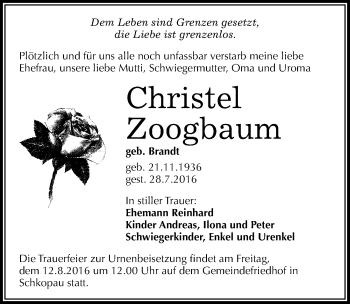 Traueranzeige von Christel Zoogbaum von Mitteldeutsche Zeitung Merseburg/Querfurt