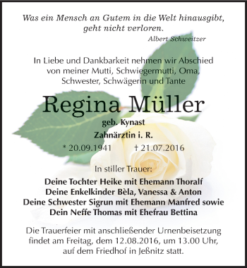 Traueranzeige von Regina Müller von Mitteldeutsche Zeitung Bitterfeld