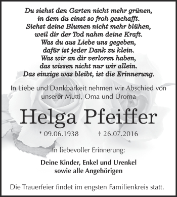 Traueranzeige von Helga Pfeiffer von Wochenspiegel Mansfelder Land