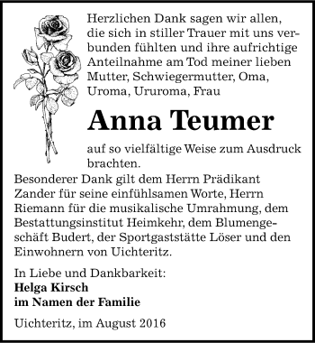 Traueranzeige von Anna Teumer von Mitteldeutsche Zeitung Weißenfels