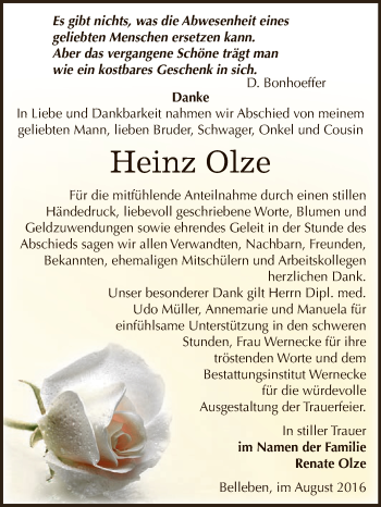 Traueranzeige von Heinz Olze von Super Sonntag Bernburg