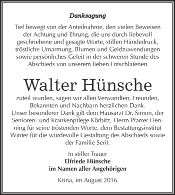 Traueranzeige von Walter Hünsche von WVG - Wochenspiegel Bitterfeld