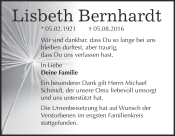 Traueranzeige von Lisbeth Bernhardt von WVG - Wochenspiegel Bitterfeld