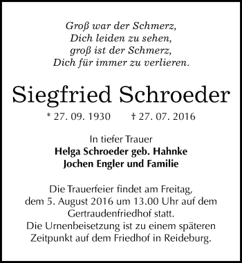 Traueranzeige von Siegfried Schroeder von Mitteldeutsche Zeitung Halle/Saalkreis