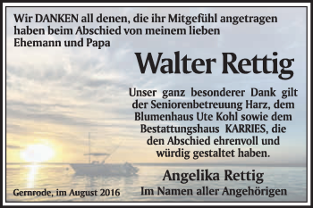 Traueranzeige von Walter Rettig von WVG - Wochenspiegel Quedlinburg