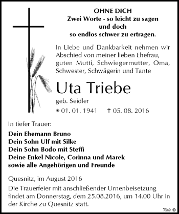 Traueranzeige von Uta Triebe von Mitteldeutsche Zeitung Zeitz