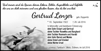 Traueranzeige von Gertrud Lenzer von Mitteldeutsche Zeitung Zeitz
