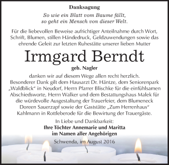 Traueranzeige von Irmgard Berndt von Mitteldeutsche Zeitung Sangerhausen