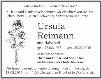 Traueranzeige von Ursula Reimann von WVG - Wochenspiegel Bitterfeld