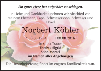 Traueranzeige von Norbert Köhler von Mitteldeutsche Zeitung Bernburg
