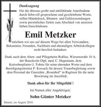 Traueranzeige von Emil Metzker von WVG - Wochenspiegel Dessau / Köthen