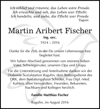 Traueranzeige von Martin Aribert Fischer von Mitteldeutsche Zeitung Bitterfeld