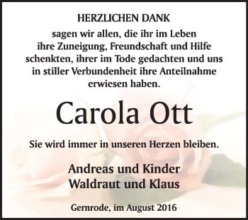 Traueranzeige von Carola Ott von WVG - Wochenspiegel Quedlinburg