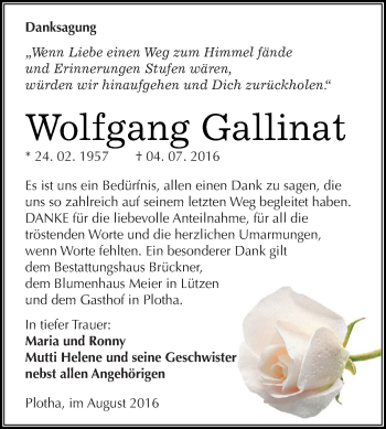 Traueranzeige von Wolfgang Gallinat von WVG - Wochenspiegel NMB / WSF / ZTZ