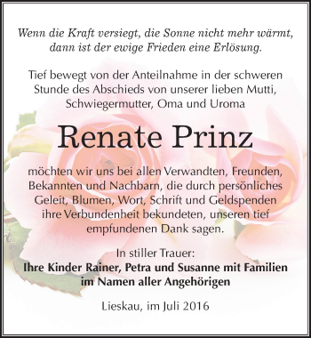 Traueranzeige von Renate Prinz von Mitteldeutsche Zeitung Halle/Saalkreis