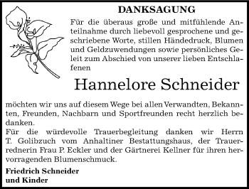 Traueranzeige von Hannelore Schneider von Mitteldeutsche Zeitung Dessau-Roßlau