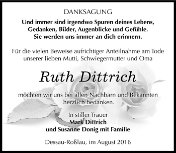 Traueranzeige von Ruth Dittrich von Mitteldeutsche Zeitung Dessau-Roßlau