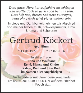 Traueranzeige von Gertrud Köckert von WVG - Wochenspiegel Bitterfeld