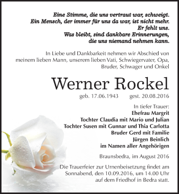 Traueranzeige von Werner Rockel von Mitteldeutsche Zeitung Merseburg/Querfurt