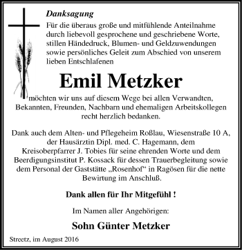 Traueranzeige von Emil Metzker von Mitteldeutsche Zeitung Dessau-Roßlau
