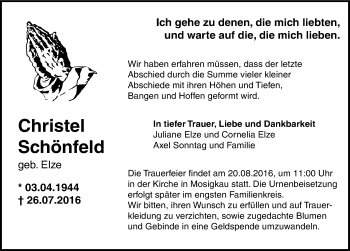 Traueranzeige von Christel Schönfeld von Mitteldeutsche Zeitung Dessau-Roßlau