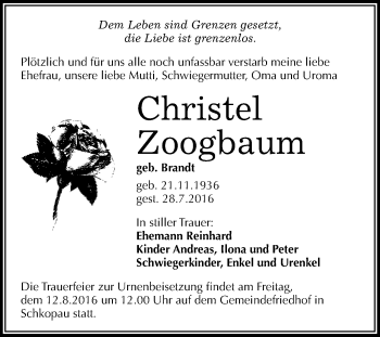 Traueranzeige von Christel Zoogbaum von WVG - Wochenspiegel Merseburg