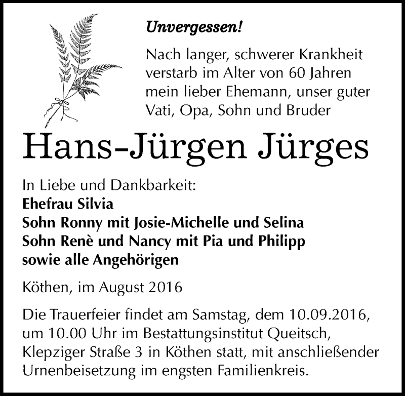  Traueranzeige für Hans-Jürgen Jürges vom 26.08.2016 aus Mitteldeutsche Zeitung Köthen