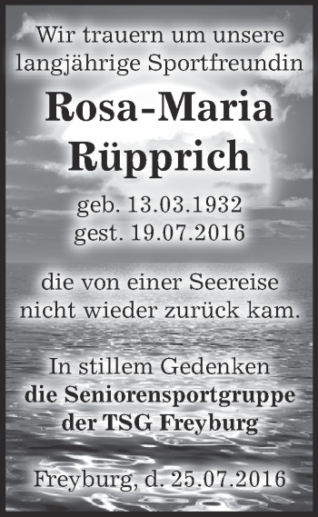 Traueranzeige von Rosa-Maria Rüpprich von WVG - Wochenspiegel NMB / WSF / ZTZ