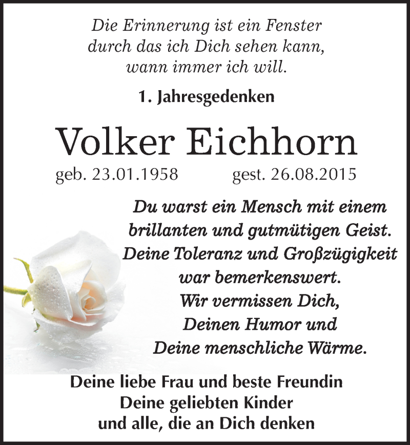  Traueranzeige für Volker Eichhorn vom 26.08.2016 aus Mitteldeutsche Zeitung Naumburg/Nebra