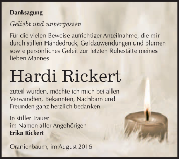 Traueranzeige von Hardi Rickert von WVG - Wochenspiegel Wittenberg