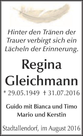 Traueranzeige von Regina Gleichmann von Super Sonntag Wittenberg
