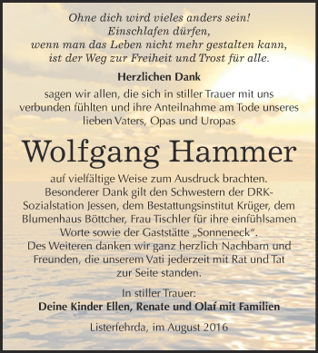 Traueranzeige von Wolfgang Hammer von WVG - Wochenspiegel Wittenberg