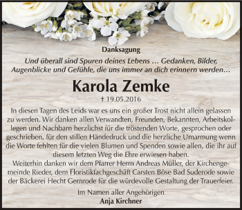 Traueranzeige von Karola Zemke von Mitteldeutsche Zeitung Quedlinburg