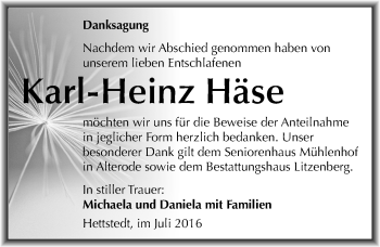Traueranzeige von Karl-Heinz Häse von Mitteldeutsche Zeitung Mansfelder Land