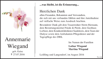 Traueranzeige von Annemarie Wiegand von Mitteldeutsche Zeitung Weißenfels